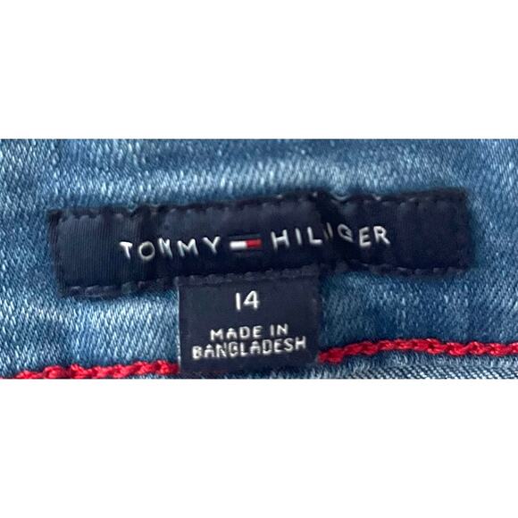 TOMMY HILFIGER HI-RISE DISTRESSED DENIM SHORTS, WOMENS, 14, DENIM BLUE, FOLD HEM - Picture 8 of 10